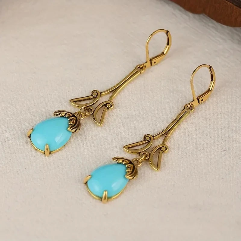 Vintage-Inspired Gold-Plated Alloy Drop Earrings with Resin Stones