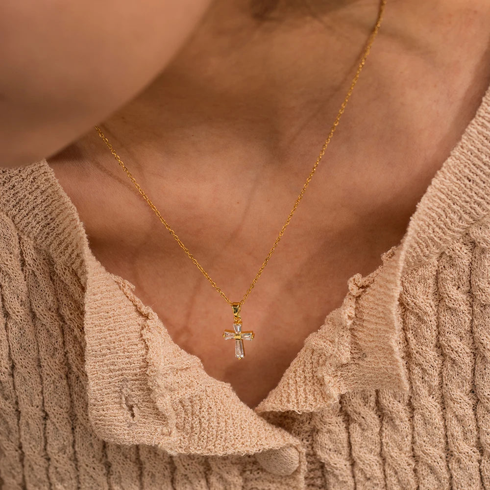 Delicate Square CZ Cross Pendant Necklace – Yellow Gold-Plated Stainless Steel