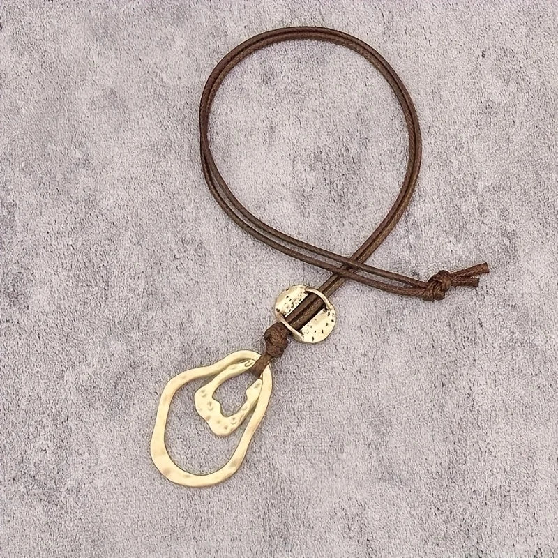 Long Geometric Statement Pendant Necklace with Leather Rope
