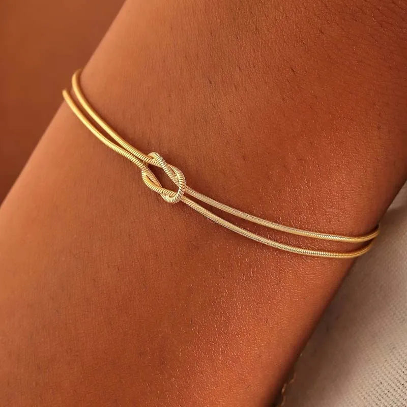Unisex Stainless Steel Snake Chain Knot Bracelet - Handmade, Minimalist