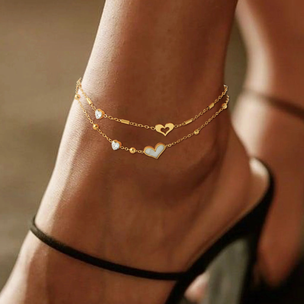 Gold Tone Stainless Steel Clover Crystal Hearts Anklet