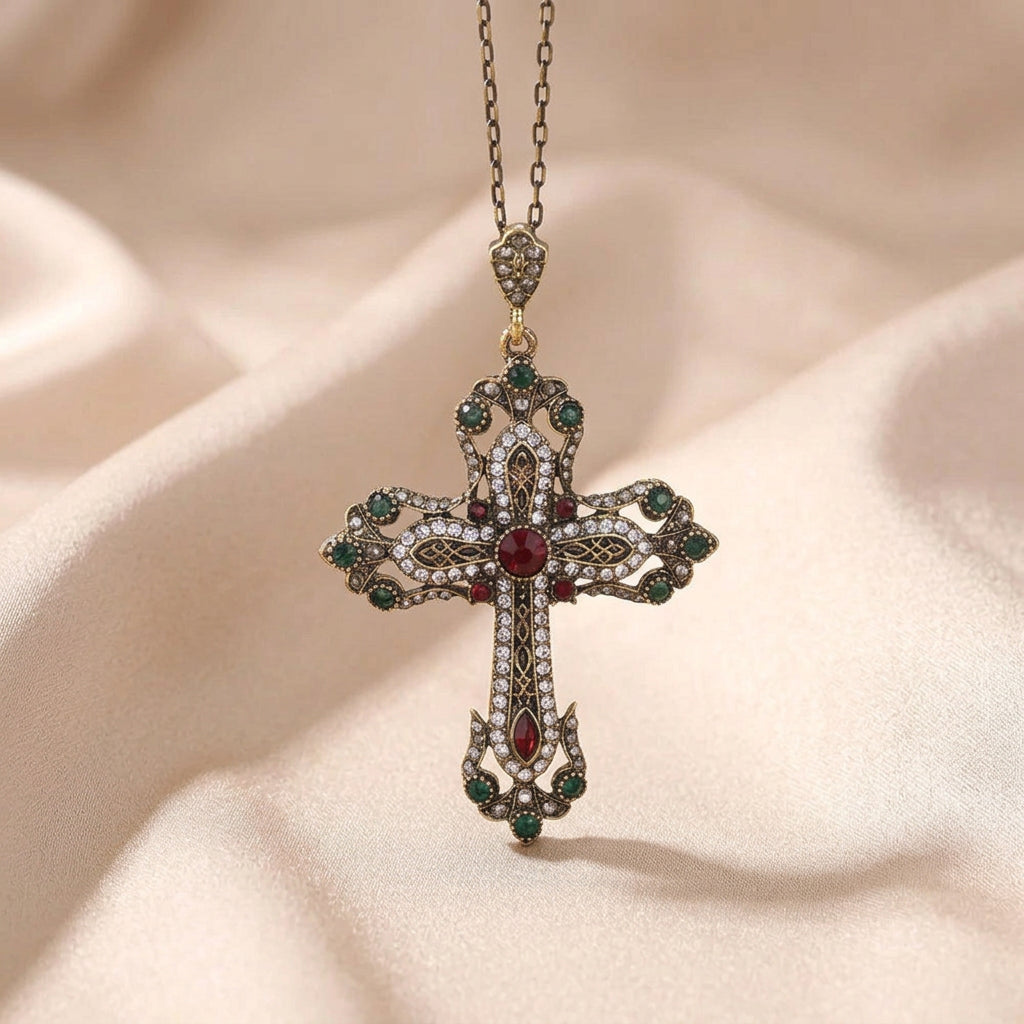 Vintage Inspired Floral Cross Pendant Necklace – Crystal, Rhinestone & Resin
