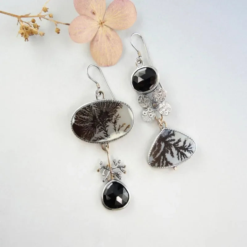 Nature-Inspired Asymmetrical Black Crystal Earrings in Zinc Alloy