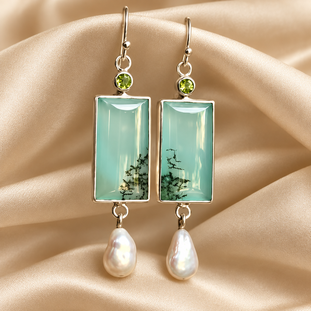 Vintage-Inspired Green Opal Earrings – Natural Pearl & CZ Accents