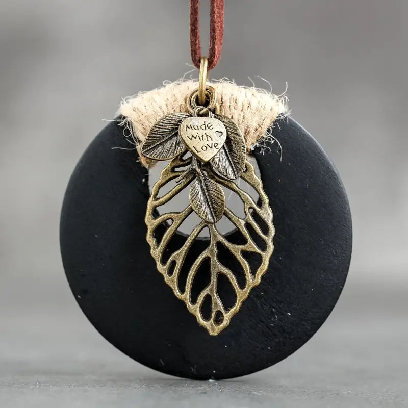 Leather Cord Necklace with Round Wood Leaf Pendant