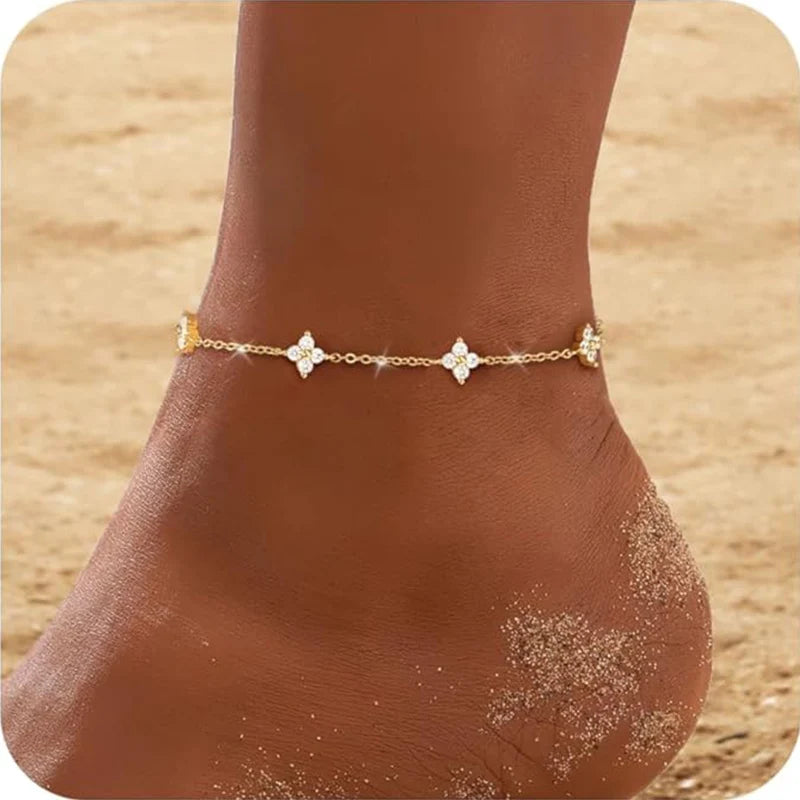 Gold Plated Silver 925 Sterling Silver Zircon Clover Ankle Bracelet