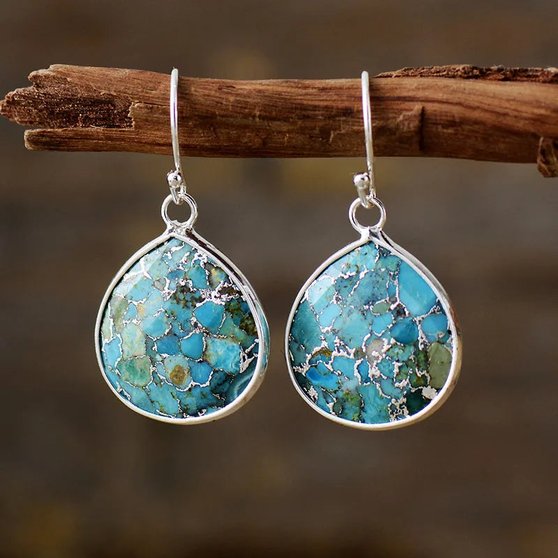 Turquoise Blue Marbled Stone Copper Drop Earrings