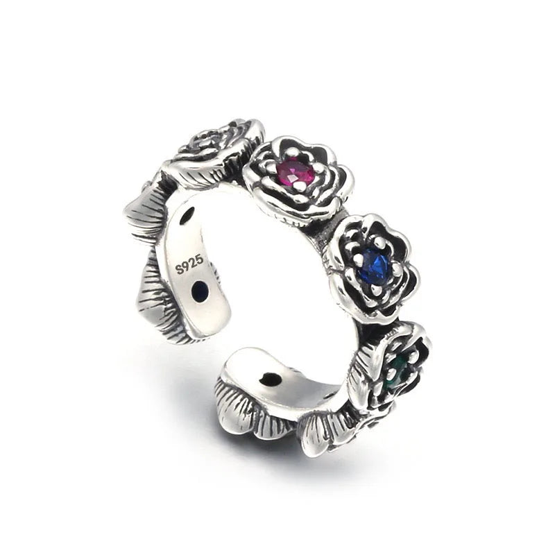 Vintage Inspired Sterling Silver Multicolor CZ Roses Adjustable Ring