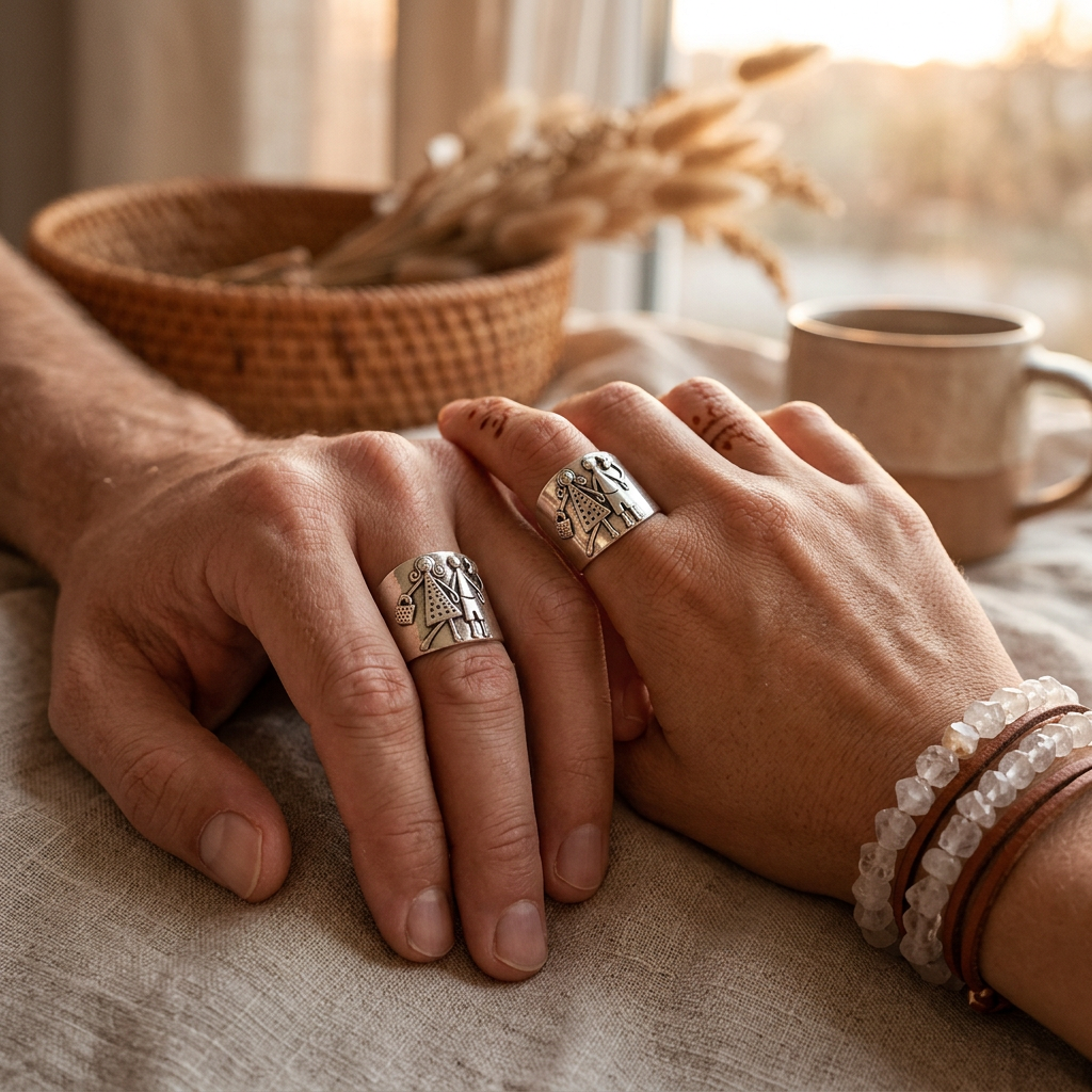 Vintage Silver-Plated Copper Ring – Sculpted Couple Holding Hands