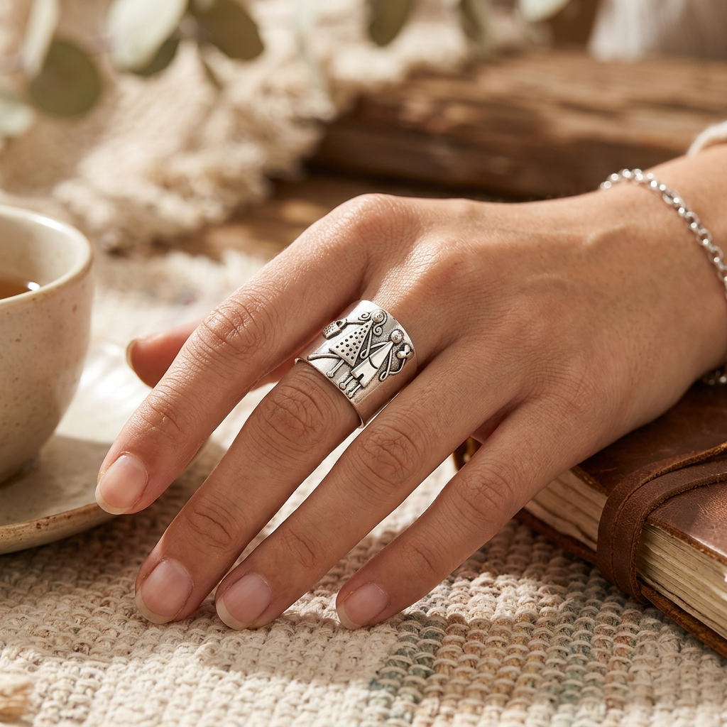 Vintage Silver-Plated Copper Ring – Sculpted Couple Holding Hands
