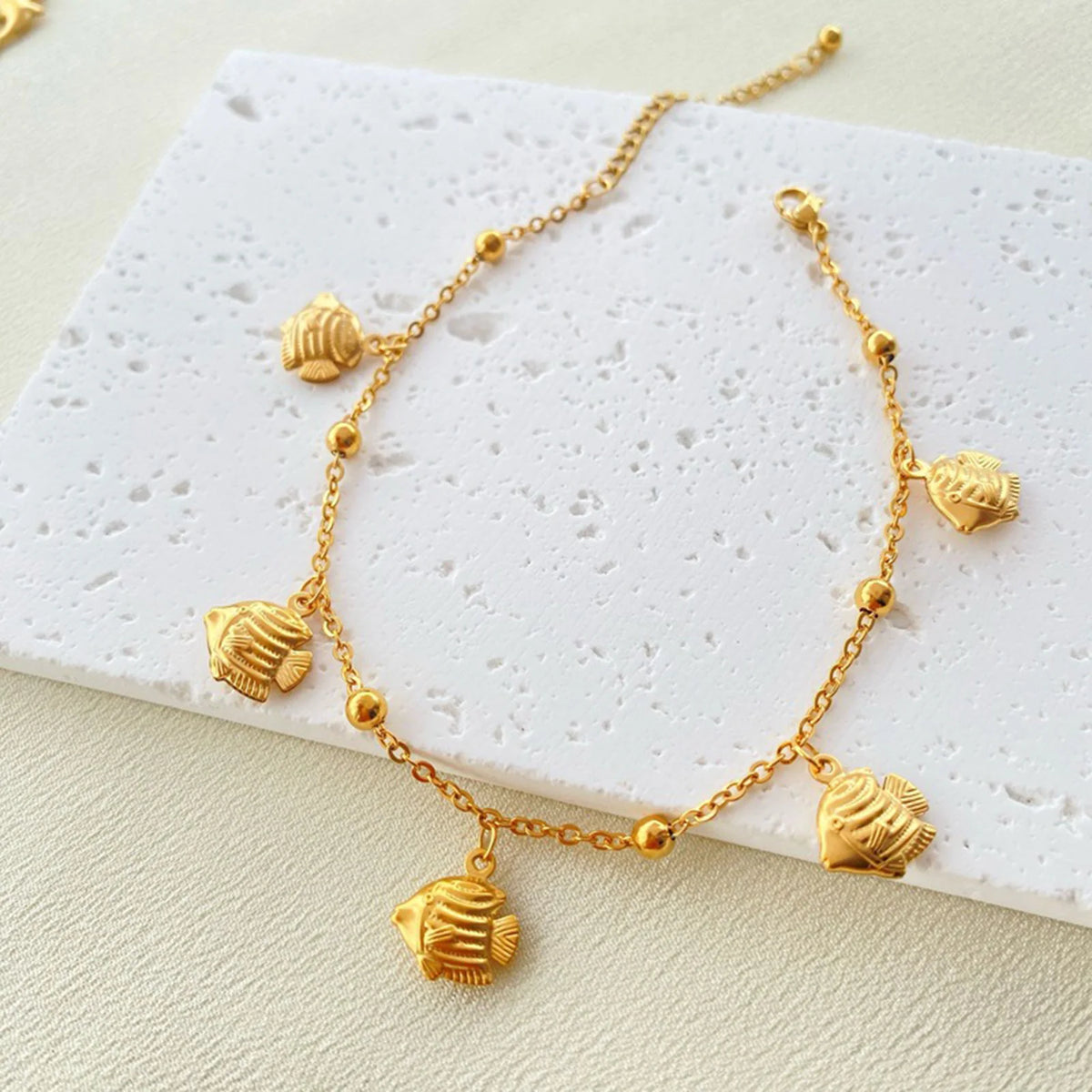 Gold Tone Stainless Steel Summer Ocean Theme Anklet - Dolphins, Starfish, Shell
