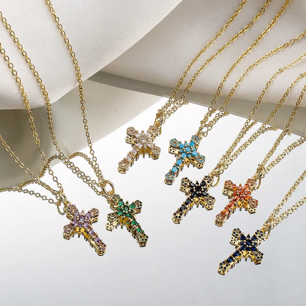 Collection of Bold Gold-Plated Cross Pendant Necklaces