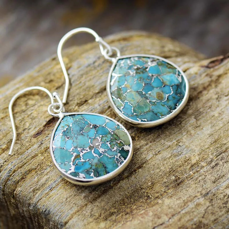 Turquoise Blue Marbled Stone Copper Drop Earrings