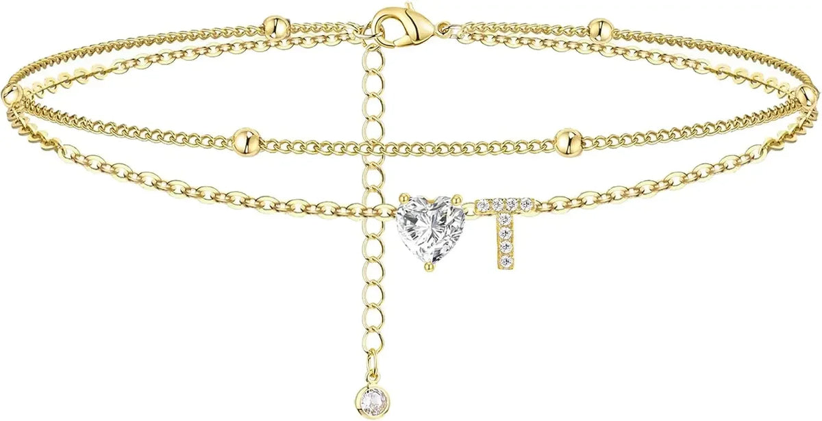 Initial 14K Gold-Plated Stainless-Steel Cubic Zirconia Heart Anklet