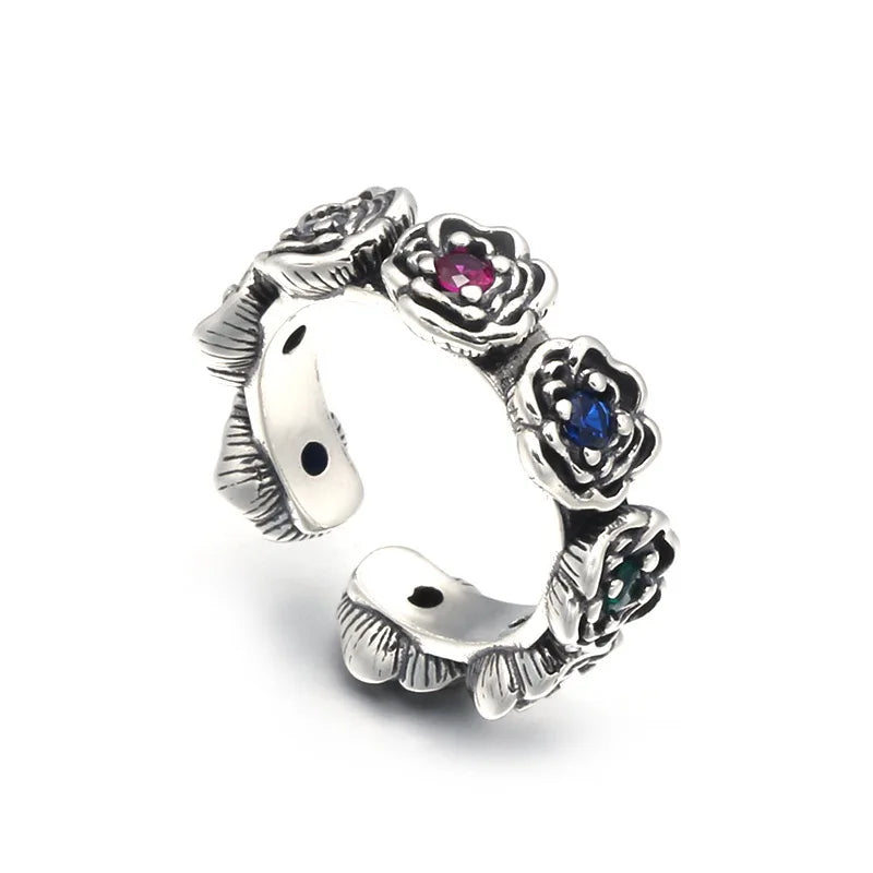 Vintage Inspired Sterling Silver Multicolor CZ Roses Adjustable Ring