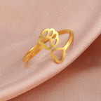 Gold/Silver Tone Stainless Steel Dog Paw Footprint Heart Ring Adjustable