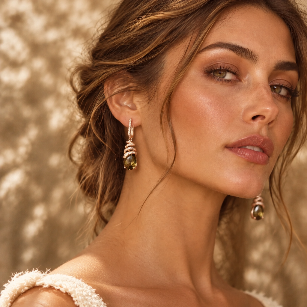 14K Rose Gold Plated Copper Snake Dangle Earrings with Natural Brown Zircon