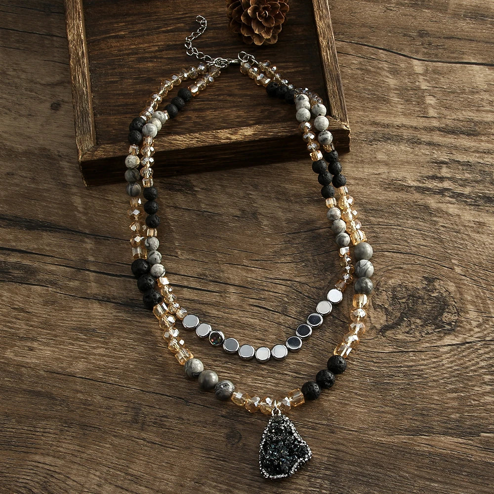 Boho Natural Stone Beads Necklace with Zircon Pendant