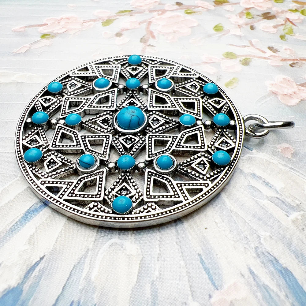 Large Round Ornament Pendant in 925 Sterling Silver with Turquoise Stones