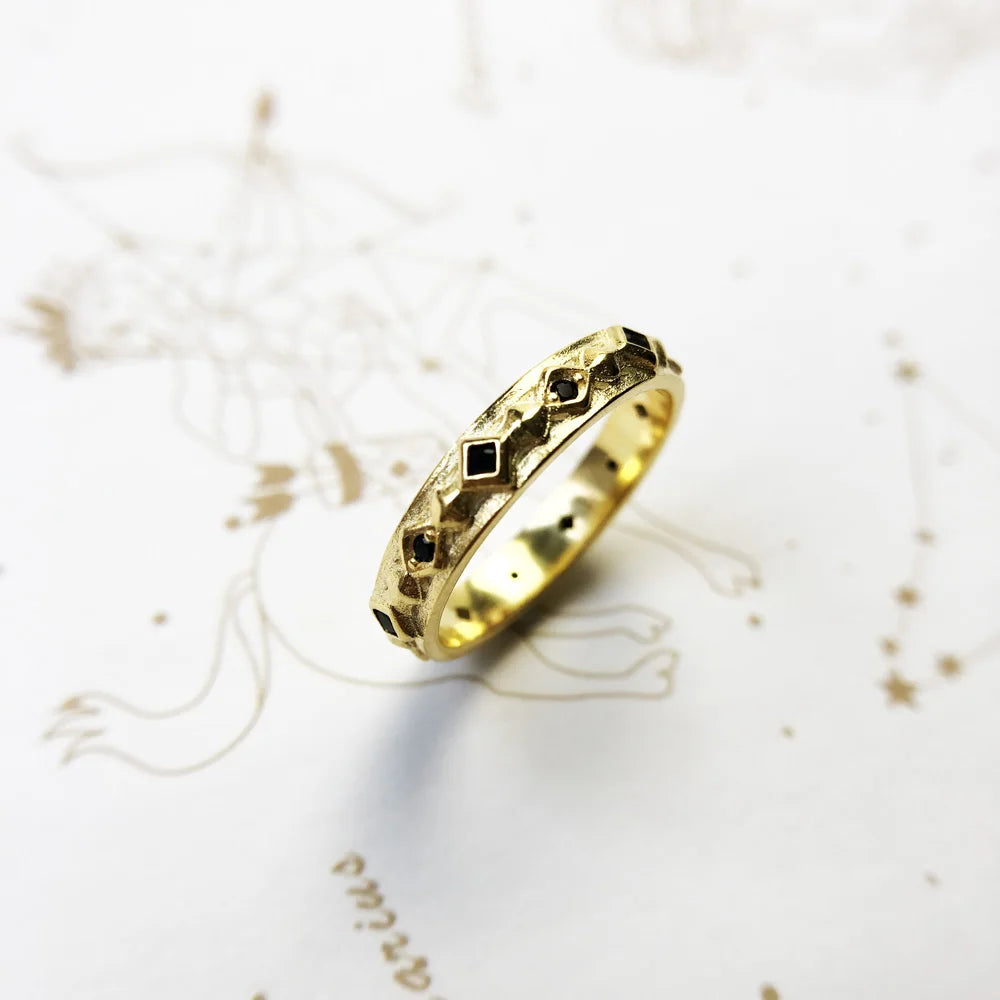 Black Zircon Geometric Band Ring in 925 Sterling Silver & Yellow Gold Plating