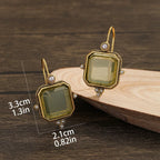 Retro Geometric Crystal Drop Earrings – Green & Blue Gems with Faux Pearls in Copper