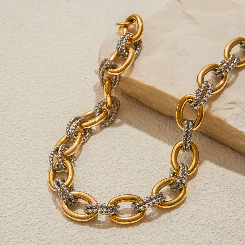 Two-Tone 18k Gold Plated Stainless Steel Necklace & Bracelet - Twisted Bold Modern