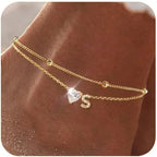 Initial 14K Gold-Plated Stainless-Steel Cubic Zirconia Heart Anklet