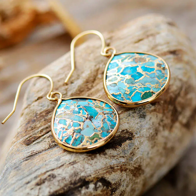 Turquoise Blue Marbled Stone Copper Drop Earrings
