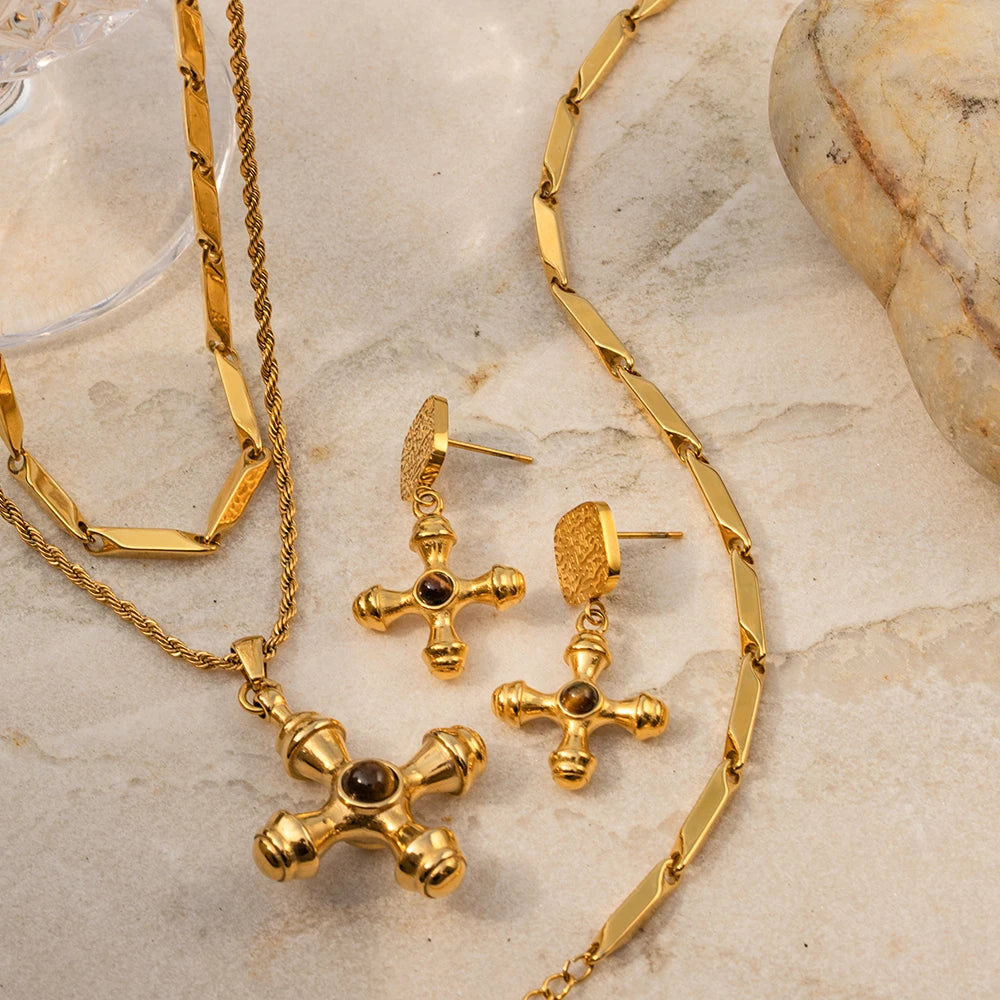Youthway Fashionable Stainless Steel Natural Stone Cross Dangle Earrings 2023 Anti-allergy Gold Color Daily Jewelry Women