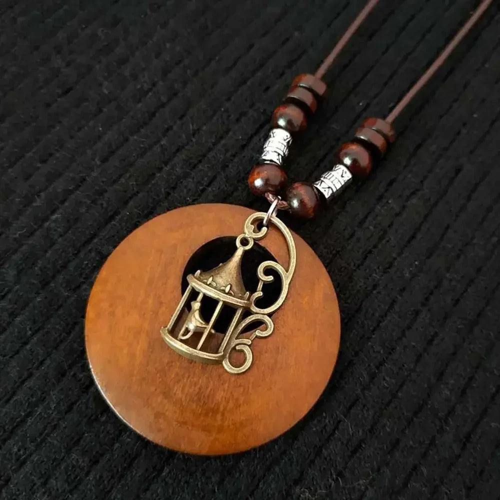 Selection of Retro Wooden Pendant Alloy Chain Necklace