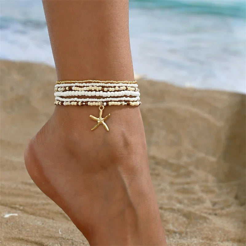 Bohemia Multilayer Rice Bead Starfish Summer Anklet - Choose Yours