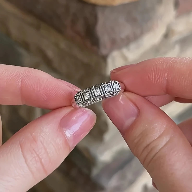 Vintage-Inspired 925 Sterling Silver Geometric CZ Band Ring