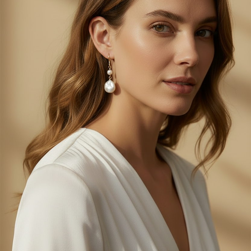 Baroque Button Natural Freshwater Pearl 14K Gold Filled Drop Earrings