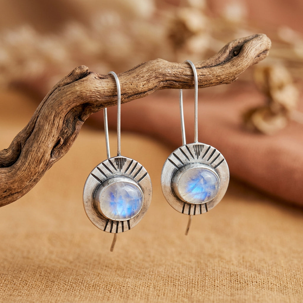 Vintage Moonstone Statement Earrings – Large Round White Stone Boho Design