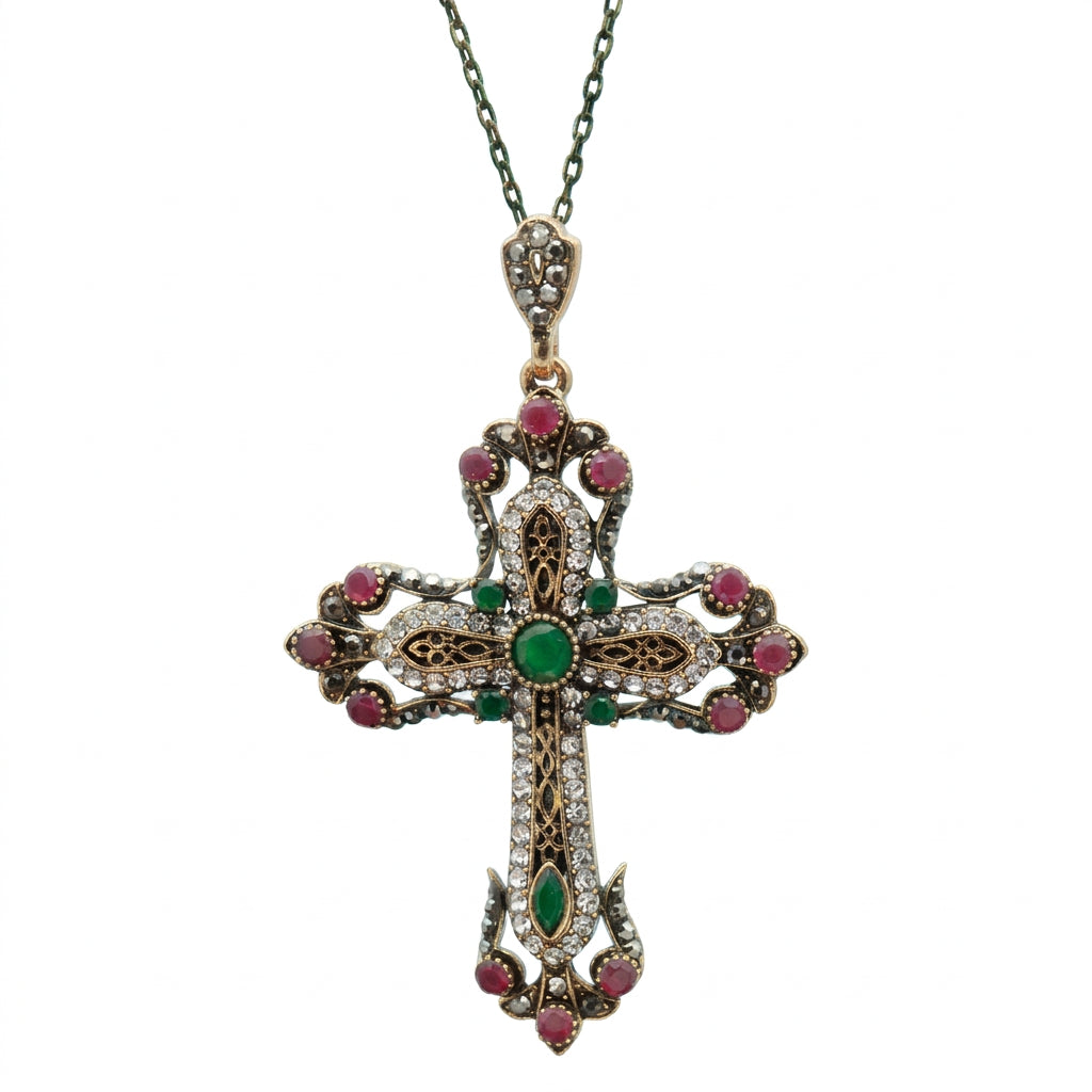 Vintage Inspired Floral Cross Pendant Necklace – Crystal, Rhinestone & Resin