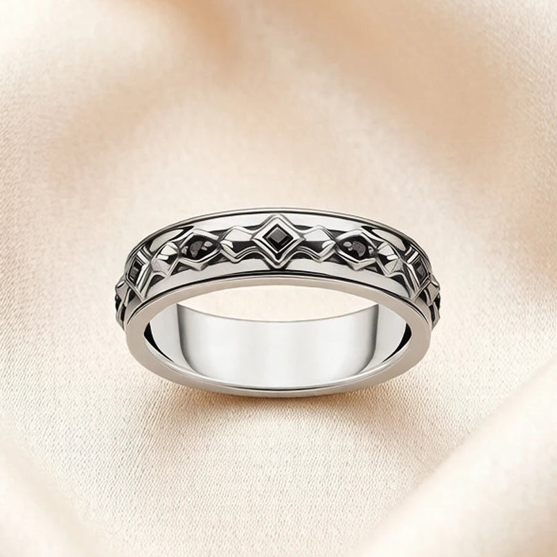 Black Zircon Geometric Band Ring in 925 Sterling Silver & Yellow Gold Plating