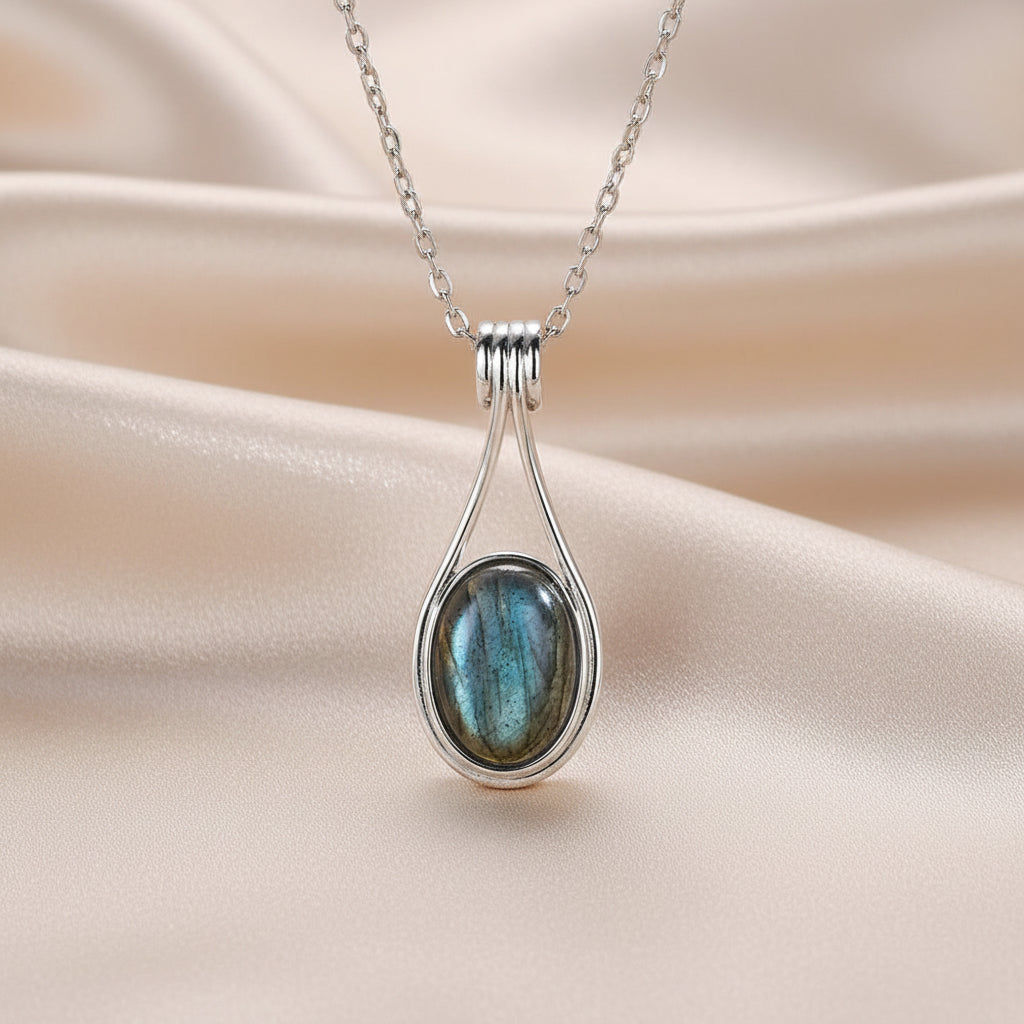 Platinum Plated Sterling Silver Pendant with Natural Labradorite