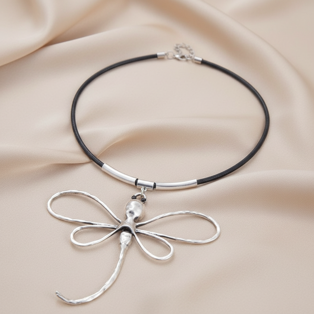 Black Cord Choker Necklace with Large Dragonfly Alloy Pendant