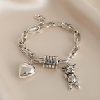 Solid 925 Sterling Silver Charm Bracelet Heart Teddy Love