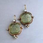 Retro Geometric Crystal Drop Earrings – Green & Blue Gems with Faux Pearls in Copper