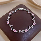 Pink/Purple Zircon Flower Leaf Silver Chain Bracelet in Copper - Elegant, Feminine