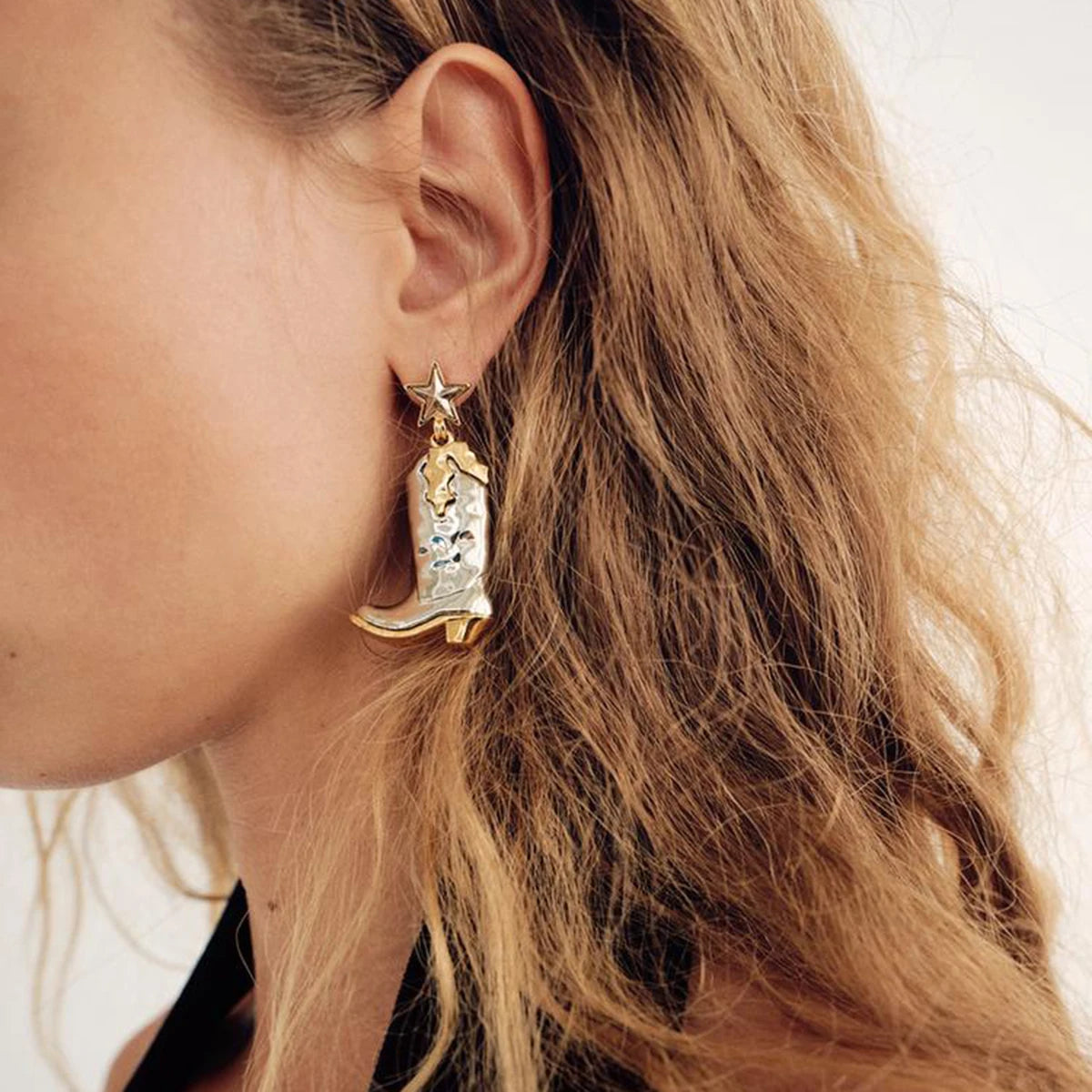 Two-Tone Cowboy Boots Necklace & Earrings Set – 18K Gold Plated Stainless Steel with White Zircon