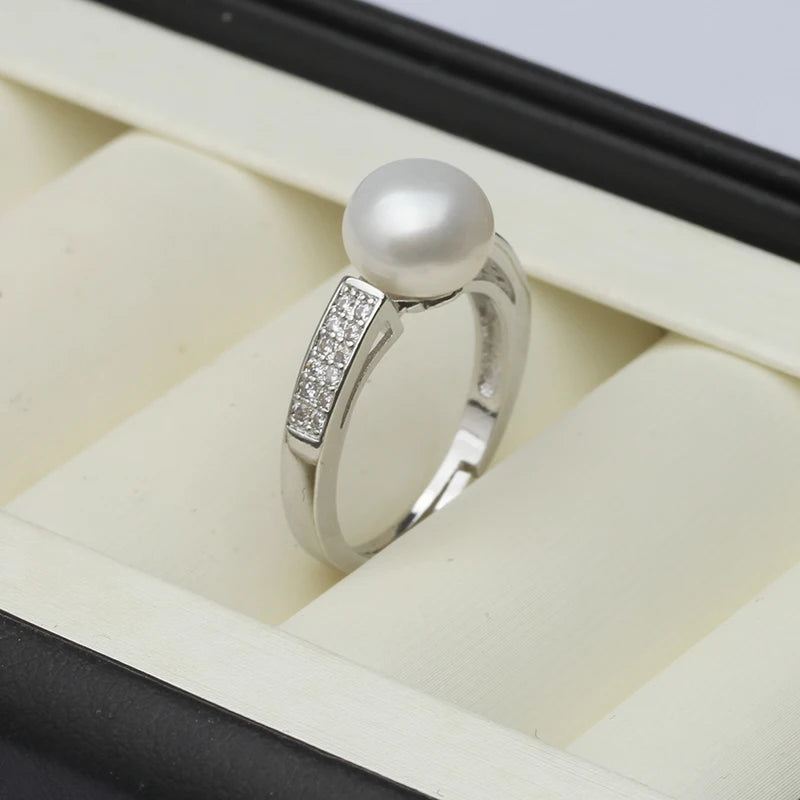 Genuine Freshwater Pearl Zircon Adjustable 925 Sterling Silver Ring