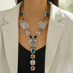 Bold Statement Resin Stone Zinc Alloy Necklace - Oversized, Multicolor, Boho, Trendy