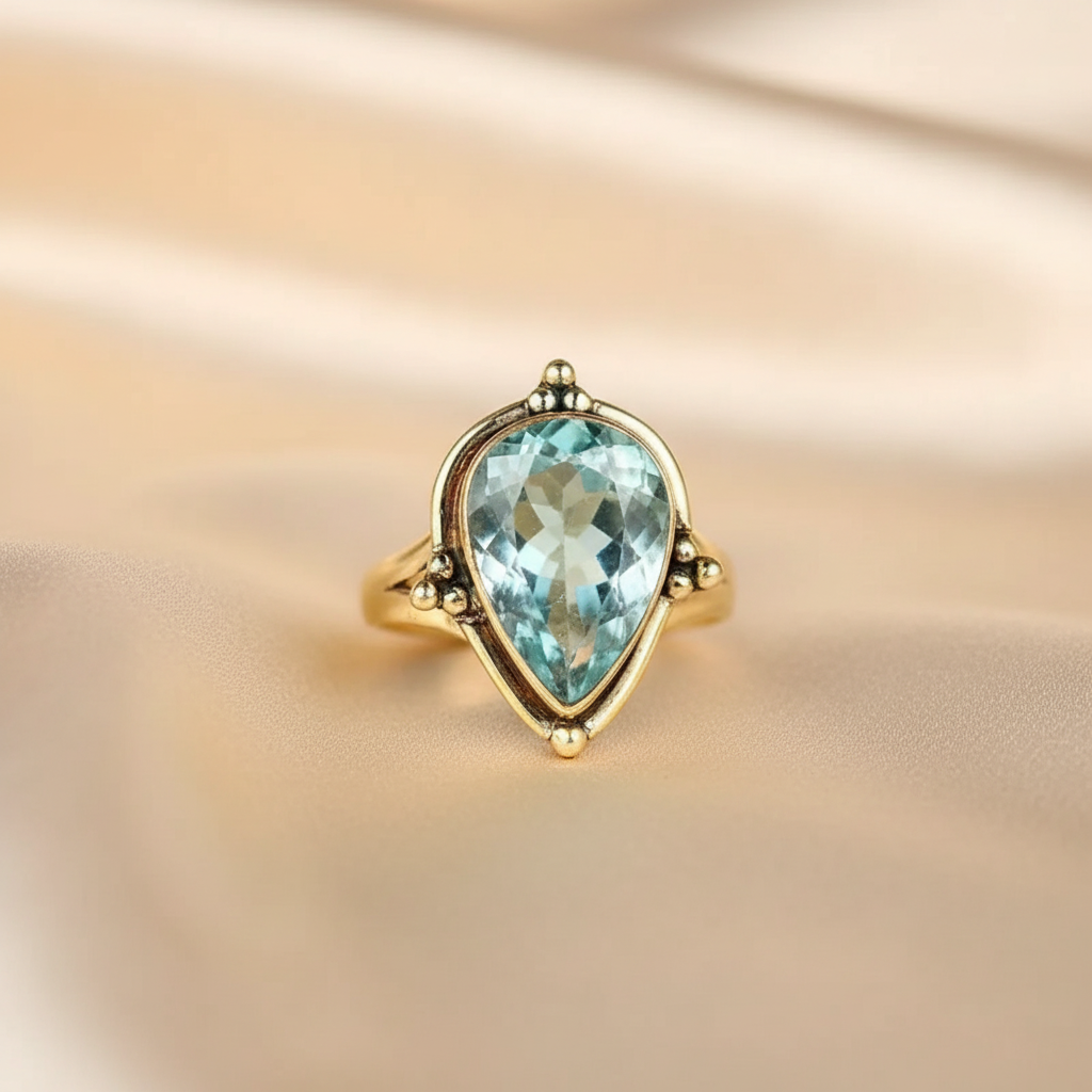Vintage Inspired Pear-Shaped Natural Light Blue Stone Teardrop Copper Cocktail Ring
