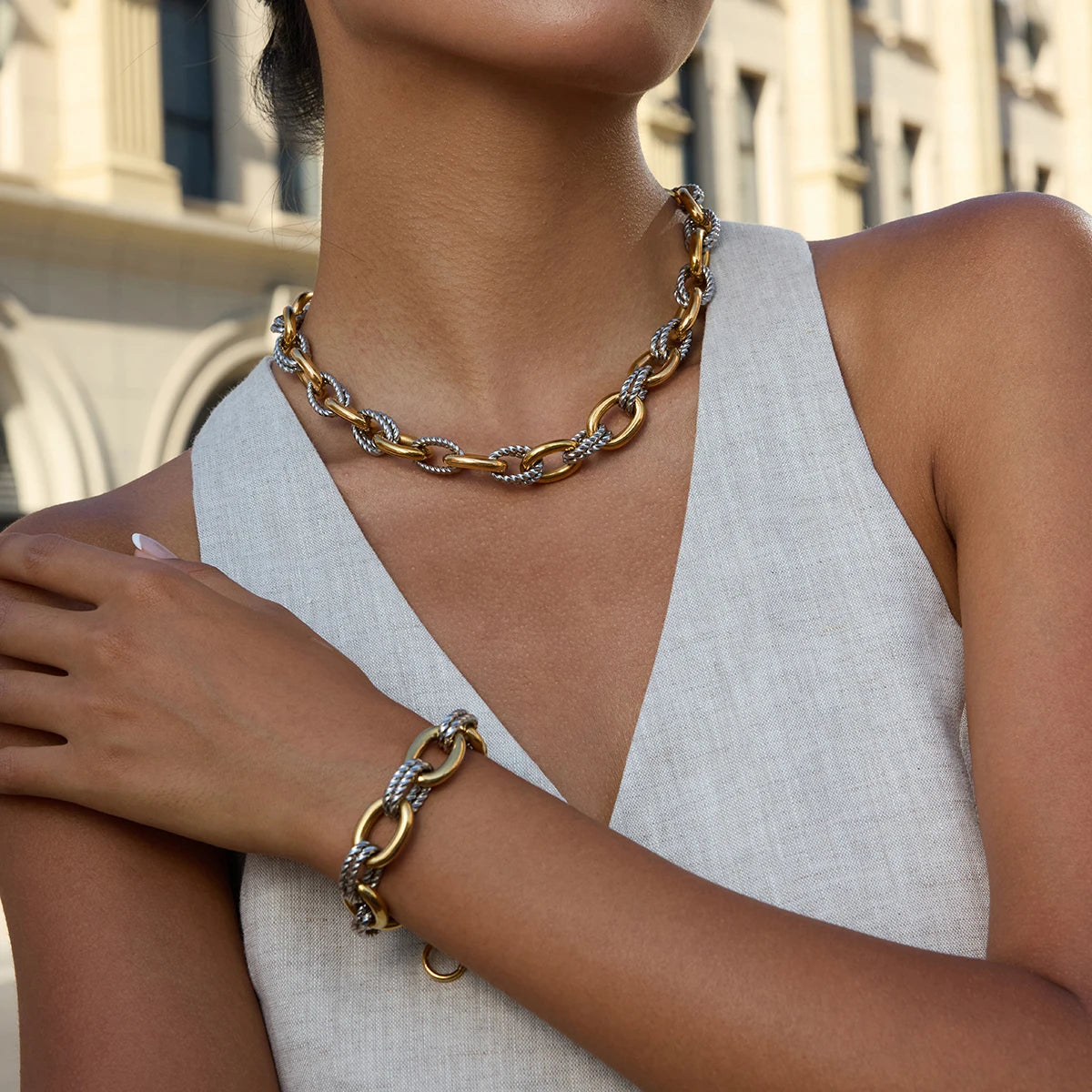 Two-Tone 18k Gold Plated Stainless Steel Necklace & Bracelet - Twisted Bold Modern