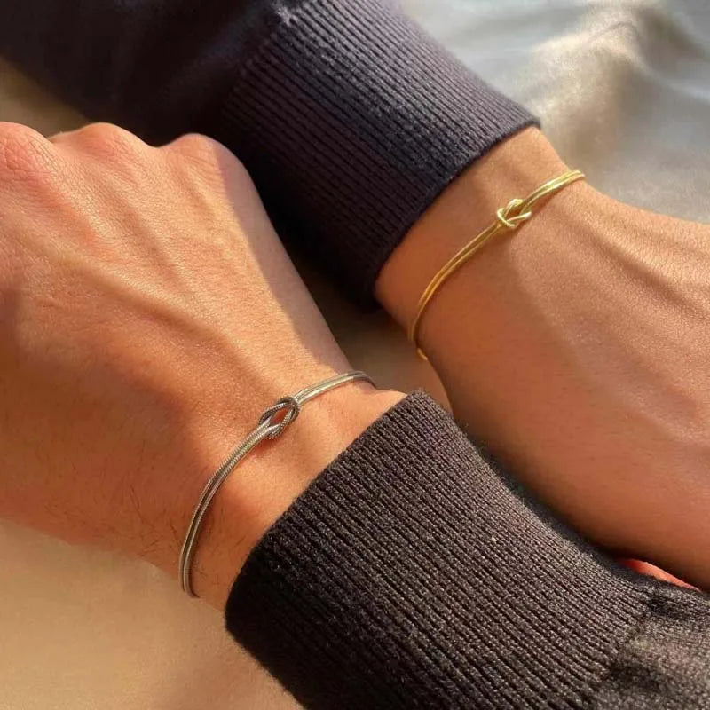 Unisex Stainless Steel Snake Chain Knot Bracelet - Handmade, Minimalist