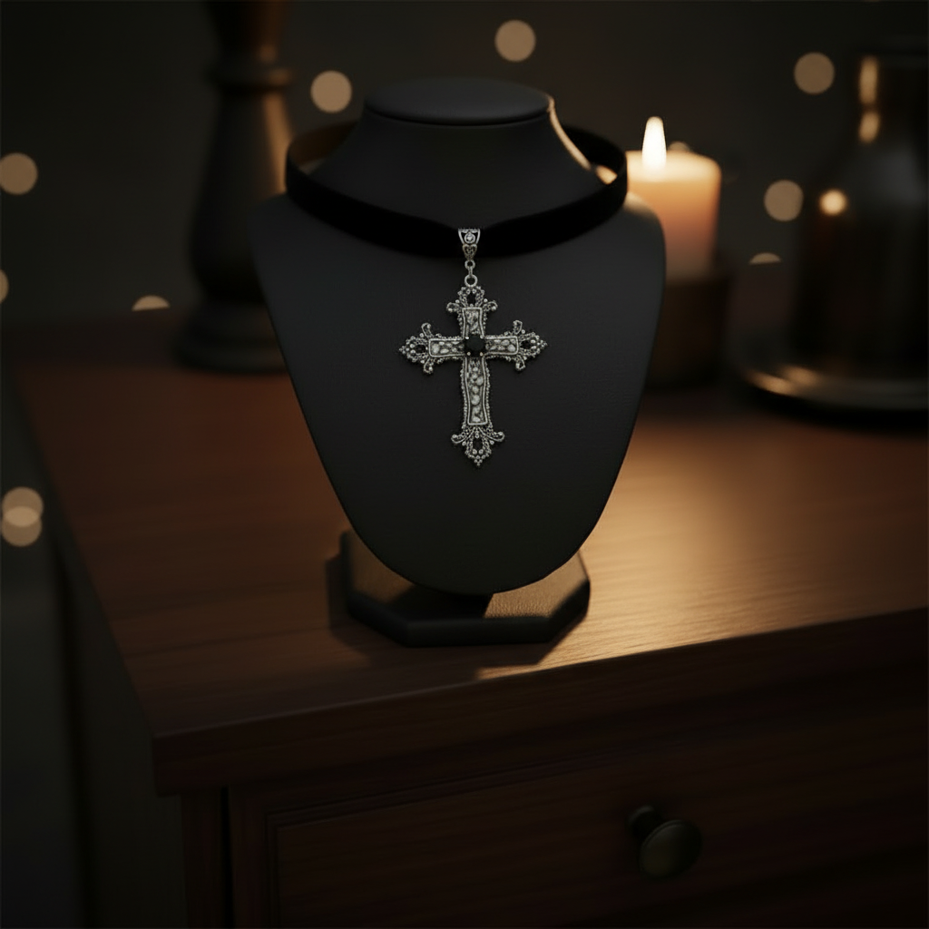 Vampire Goth Large Rhinestone Zinc Alloy Cross Ribbon Choker