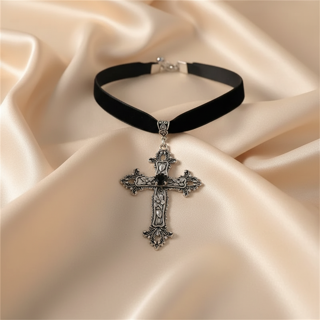 Vampire Goth Large Rhinestone Zinc Alloy Cross Ribbon Choker