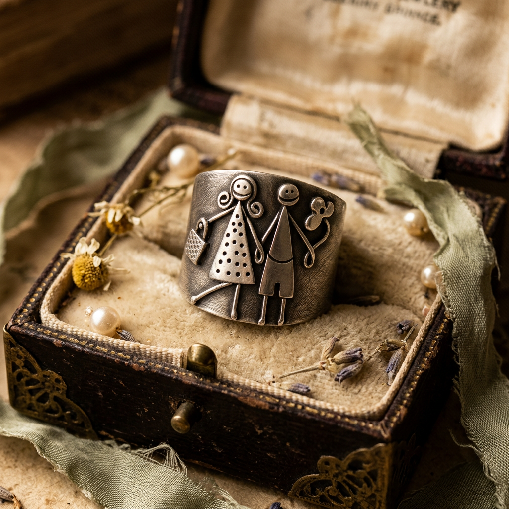 Vintage Silver-Plated Copper Ring – Sculpted Couple Holding Hands